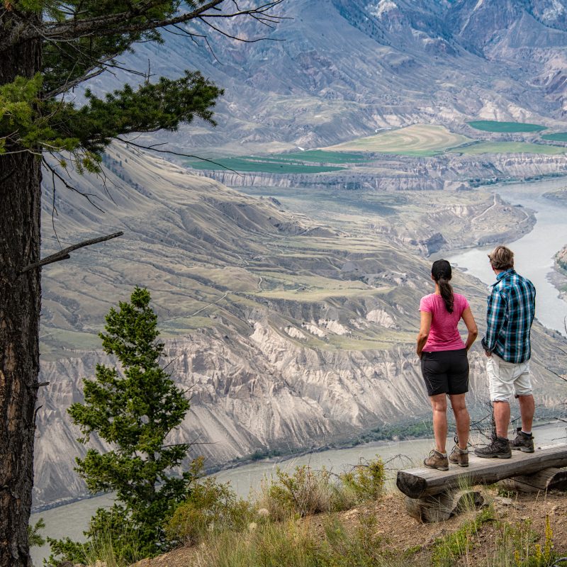 Two people standing on a bench looking at the view of a canyon